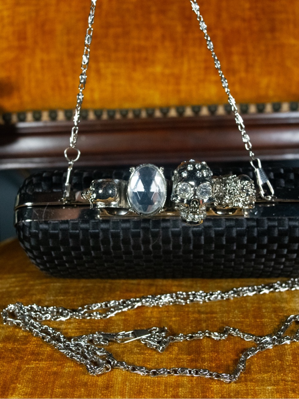 Black Woven Crystal Skull Evening Clutch